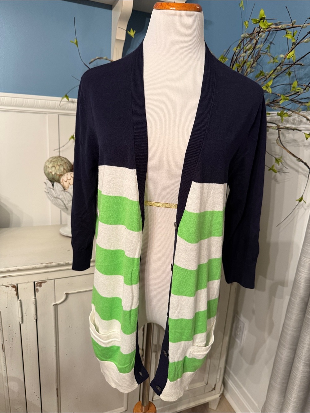 GAP Navy Open-Front Cardigan with White & Green Stripes